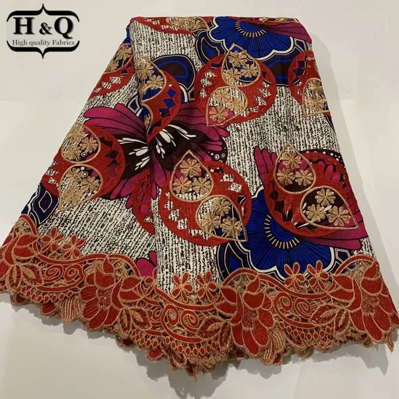 

H&Q latest wax africain fabric with batik lace 6 yards/piece embroidery nigerian guipure laces water soluble 100% cotton fabrics