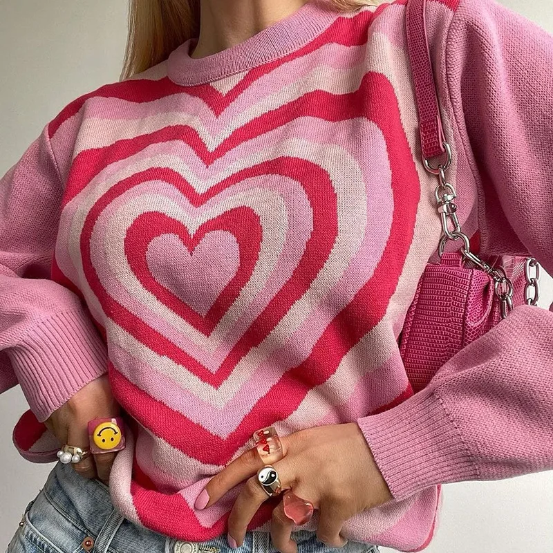

Pullover O-neck love heart print hit color cute knit warm casual loose long-sleeved sweater