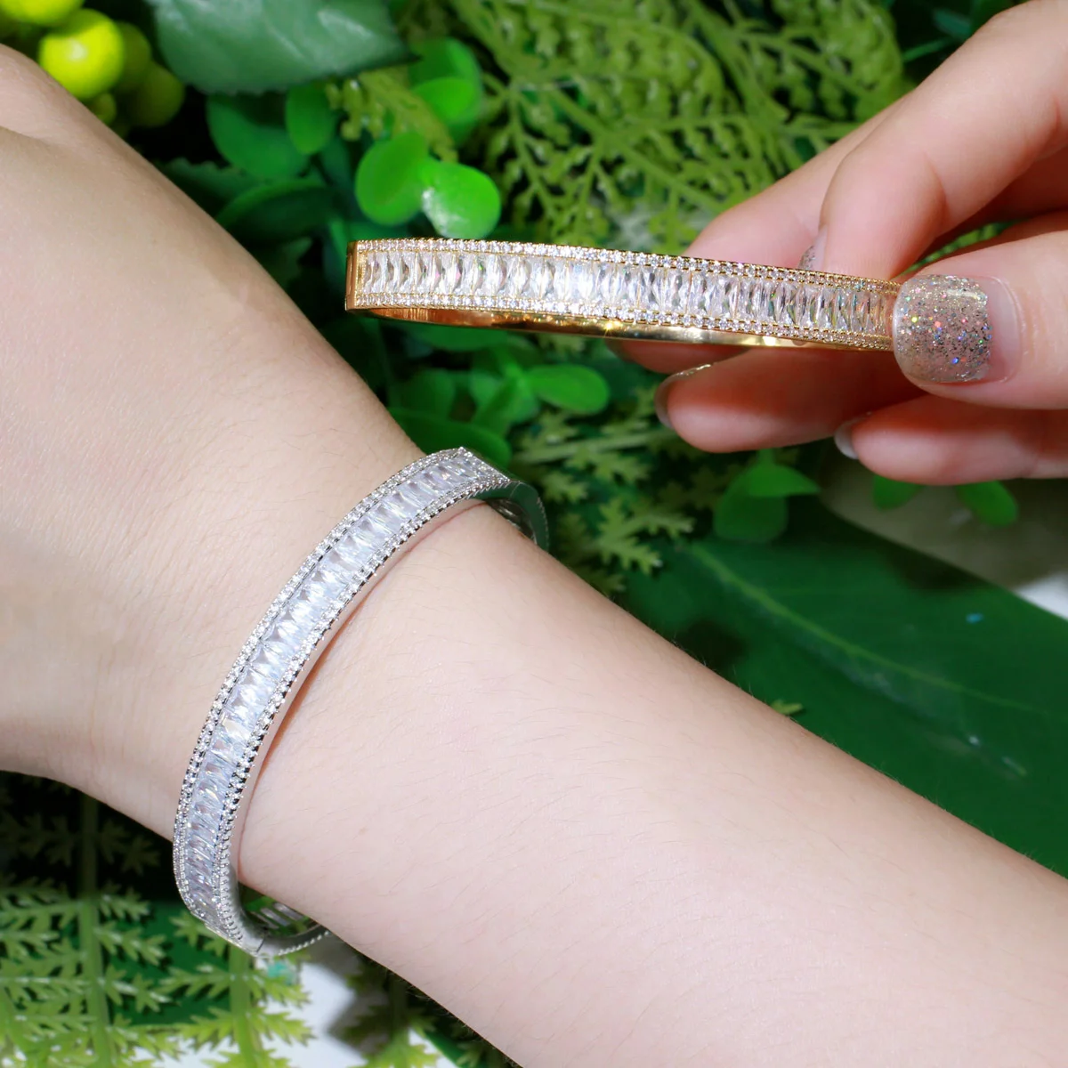 CWWZircons Luxury Baguette CZ Cubic Zircon Round Open Bangle Bracelet New Trendy Brand Women Party Wedding Bridal Jewelry BG042 6