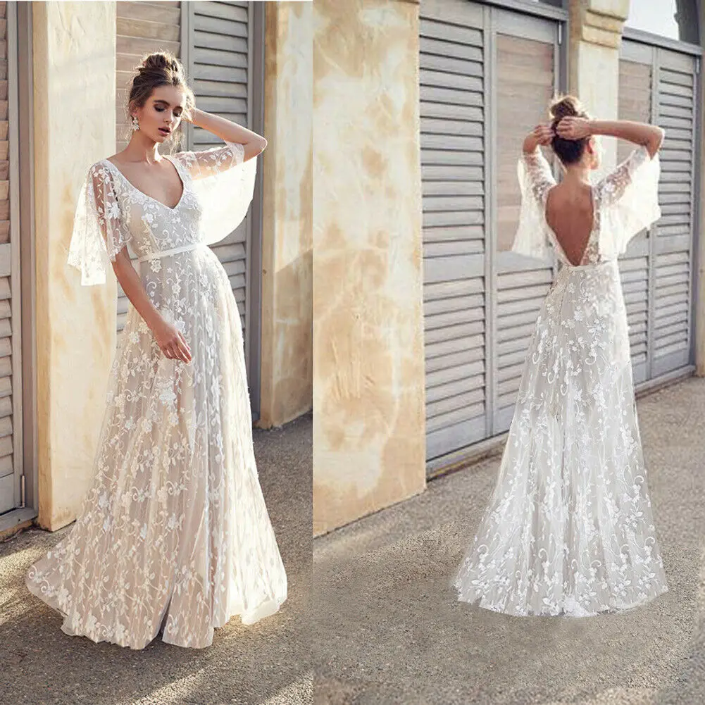 

New Women Formal Wedding Bridesmaid Lace Long Dress Ladies V Neck Short Sleeve Floral Dresses Casual White Hot Sell