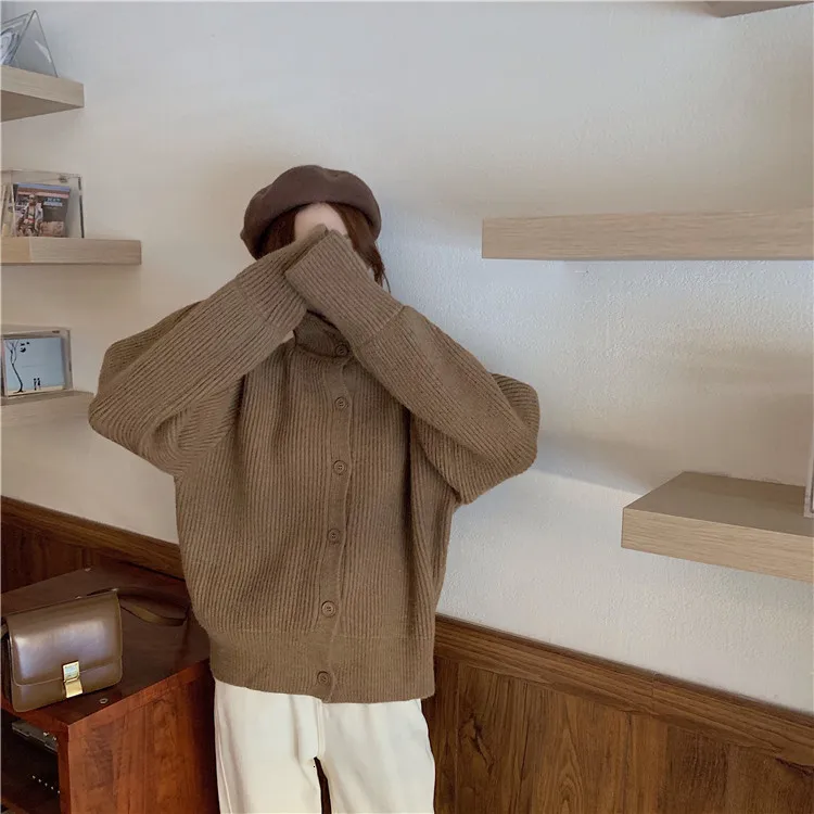 Sweater Cardigan Women Vintage Lantern Sleeve Casual Cardigan Harajuku Lapel Solod Color Coat