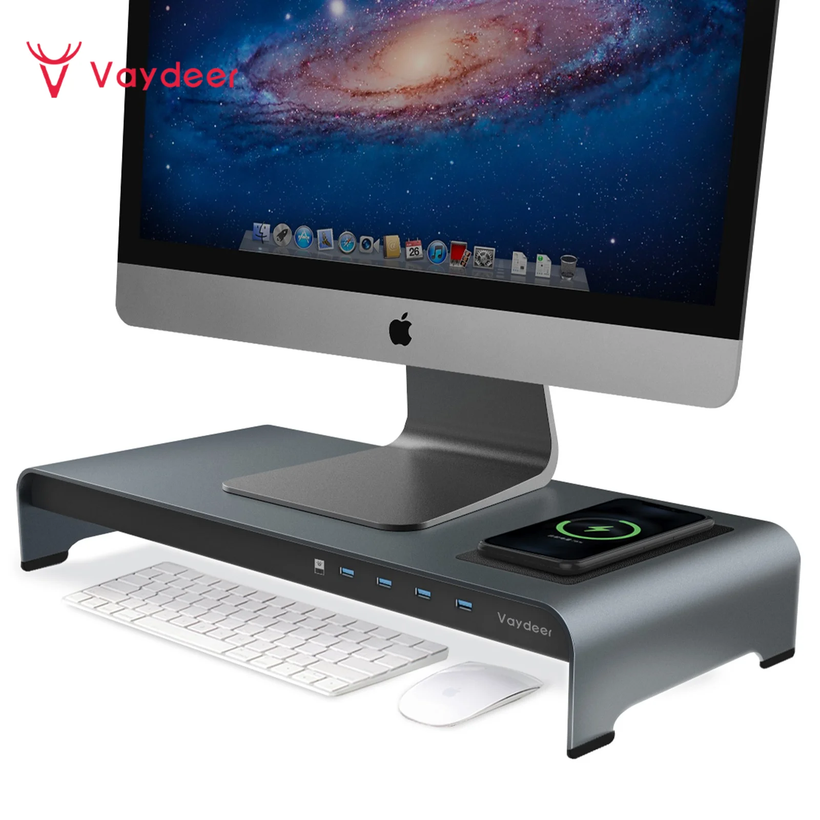 Aluminum Monitor Stand Wireless Charging Riser 4 Usb Ports Keyboard And