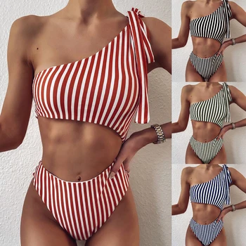 

New Striped One Shoulder Bikini Set Women Lace Up High Waist Swimsuit Lady Bathing Suit Swimwear Swim Padded Beachwear