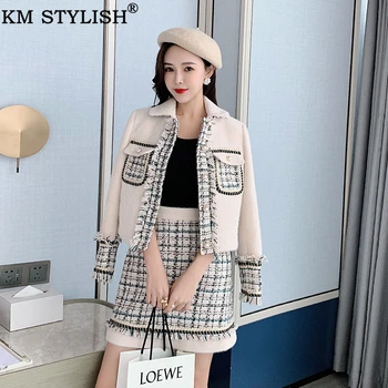 

KM STYLISH Women's Tweed Set 2019 Fall Winter Women Pearl Button Deco Apricot Plaid Tweed Jacket + Mini Woolen Skirt 2 Piece Set