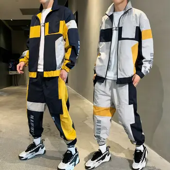 

Designer Overall Yellow Grey Jacket Tracksuit Men Set 2020 Hip Hop Loose Fit Two Piece Set Safari Dance Sport Pocket Tracksuit