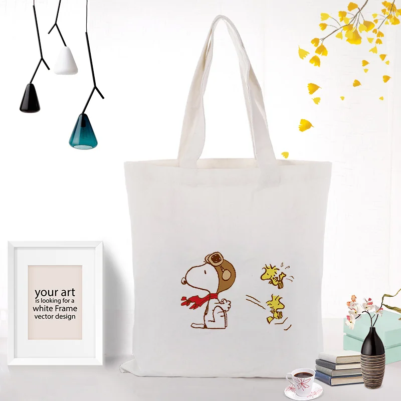 Cute Cartoon Dog Canvas Tote Bag Text DIY Custom Print Logo Daily Use Shopping Bag Eco Ecologicas Reusable Recycle - Цвет: SNOOPY013