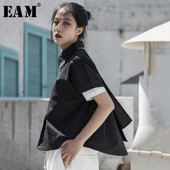

[EAM] Women Black Asymmetrical Split Big Size Blouse New Lapel Short Sleeve Loose Fit Shirt Fashion Spring Summer 2020 1S681