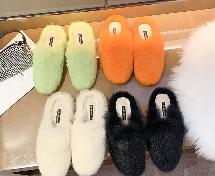 

2020 autumn and winter new furry Baotou women's slippers candy color outer wear flat warm slippers women shoes zapatillas mujer