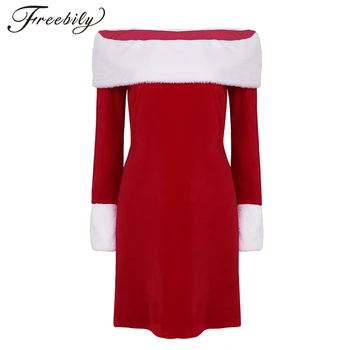 

Red Sexy Christmas Costume Women's Faux Fur Warm Dress Velvet Off Shoulder Long Sleeves Dress for Santa Claus Cosplay Costumes