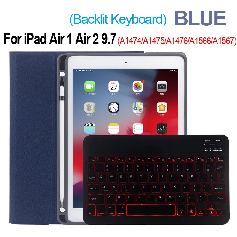 Blue Air 12 SC Верхняя откидная клавиатура с подсветкой для Apple iPad 9,7 5-го 6-го поколения, чехол с Bluetooth клавиатурой для iPad Air 1 Air 2 5 6, чехол - Цвет: Blue Air 12 SC