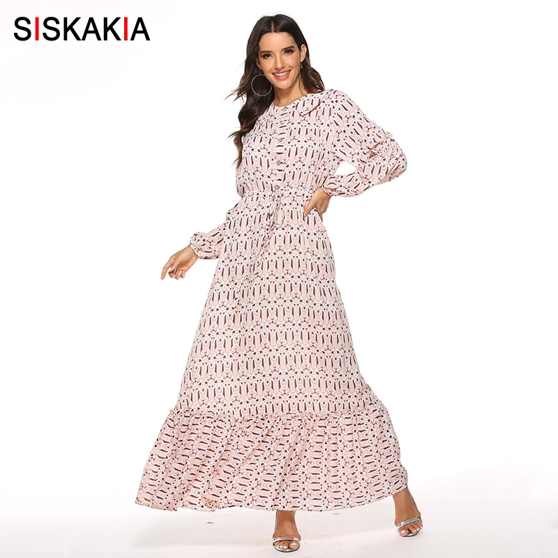 Pink dress Siskakia розовое шифоновое длинное платье с цветочным рисунком для молодых девушек, круглый вырез, длинный рукав, оборки, пэчворк, Свинг, макси платья, осень, с поясом - Цвет: Pink dress
