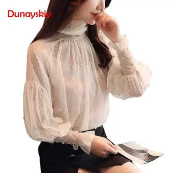 

Plus Size 2XL Women Top lantern Sleeve Autumn Spring Blouse Beading Elegant Blouse Chiffon Pearl Shirt 2020 New Fashion Blouse