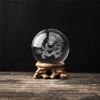 

H&D 3D Crystal Ball Inner Carved Dragon Design Paperweight Ornament Sphere Table Decor With Wooden Base For Birthday Gift(Clear)
