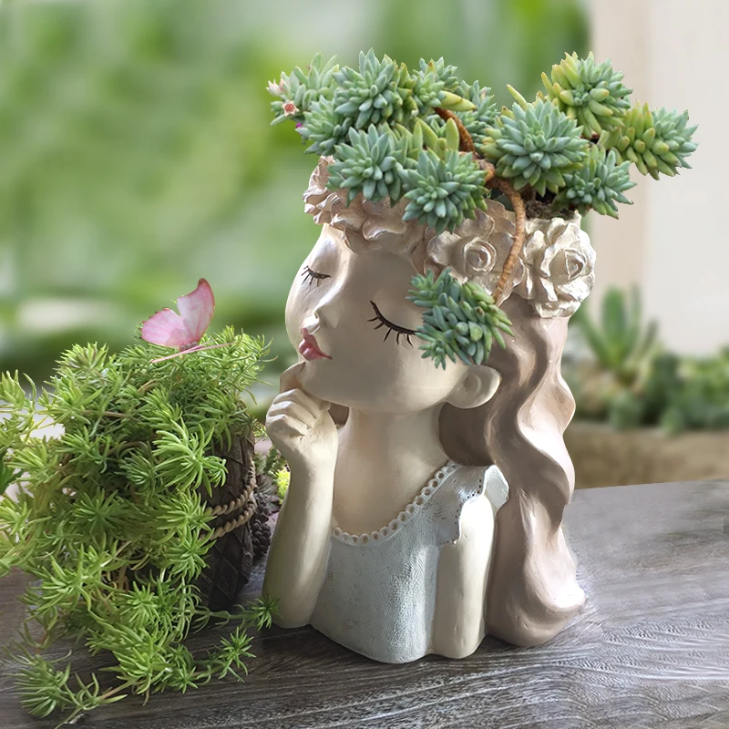 Resin Vase Creative Girl Sculpture Fake Flower Flower Arrangement Vase Succulents In Pots Home Desktop Decoration Exquisite Gift 3