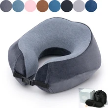 Almohada de viaje de espuma viscoelástica en forma de U, cojín de masaje para el cuello, algodón, Color sólido, máscara para los ojos y tapones para los oídos
