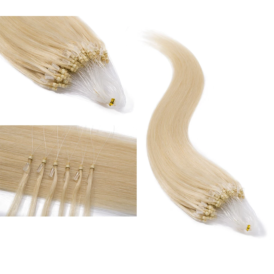 S-noilite 16"-24" Non-Remy Human Hair 100Strands Straight Micro Bead Loop Ring Hair Extension Black Bleach Blonde 0.5g Hairpiece