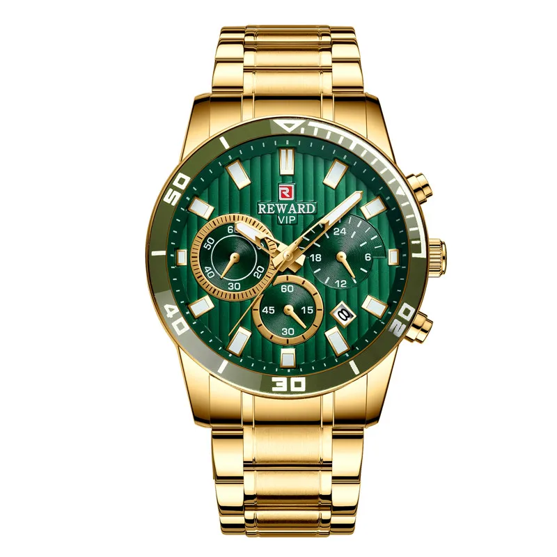 Награда новые часы мужские роскошные Relojes три глаза часы многофункциональные спортивные календари стальной ремень мужские наручные часы Relogio - Color: gold