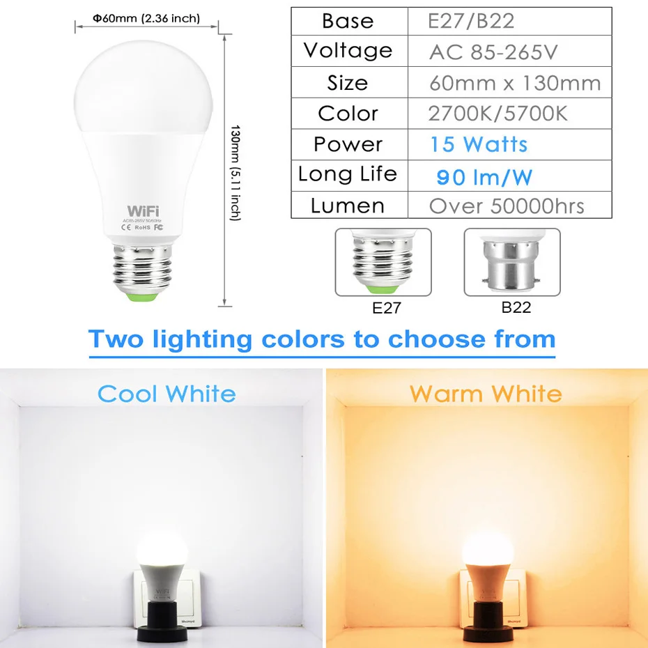 Фото Приглушаемая Светодиодная лампа B22 E27, умный светильник с Wi-Fi, управлением через приложение, Alexa и Google Assistant, 15 Вт №5