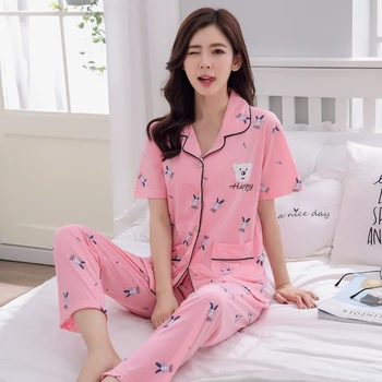 

Plus Size Cotton Pajama Sets For Women 2020 Summer Long Pants Turn-down Collar Print Pyjama Lounge Pijama Homewear Home Clothing