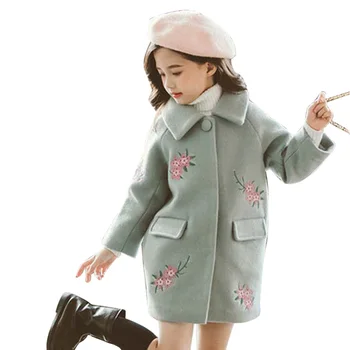

Children's Jackets Flower Embroidery Kids Woolen Coat Fashion Covered Buttons Girl Outerwear Autumn Warm Clothes For Girls
