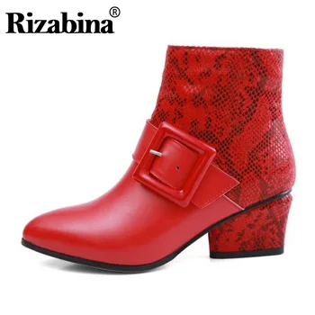 

RIZABINA Cow Leather Ankle Boots Women Sexy Snakeskin Zipper Buckle High Heel Shoes Autumn Winter Women Footwear Size 33-43