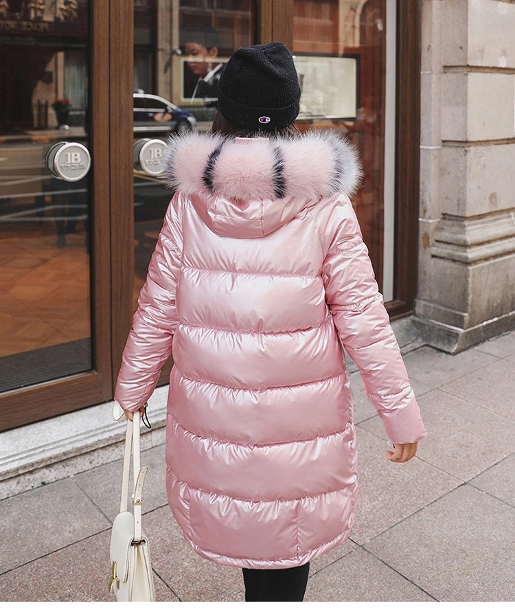 New Fashion Waterproof Glossy Down Parkas Womens Winter Jackets Warm Big Fur Collar Windproof Ladies Medium Long Hooded Coats