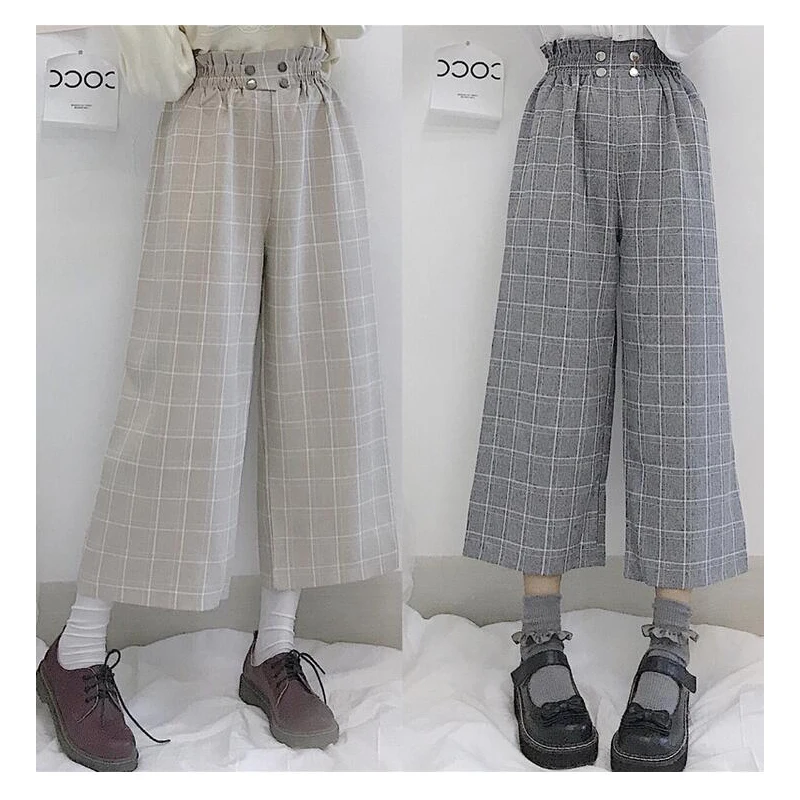 Japanese Lolita Style Women Wide Leg Pants Elastic Waist Apricot Gray Plaid Loose Trousers Cute Kawaii Student's Capris BB149 Japanese Lolita Style Women Wide Leg Pants Elastic Waist Apricot Gray Plaid Loose Trousers Cute Kawaii Student's Capris BB149