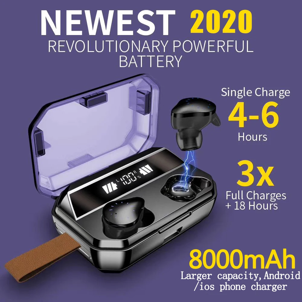 8000 мАч Беспроводные Наушники Bluetooth 5.0 TWS IPX7 Водонепроницаемый Вкладыши Hifi Стерео