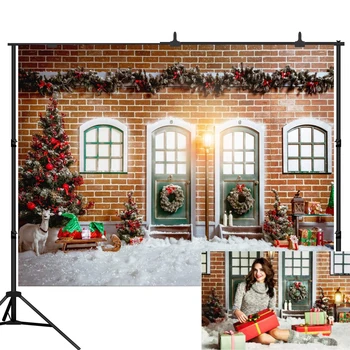 

Lyavshi backdrops for photography Red brick wall door windows snow ground Christmas background photographic studio