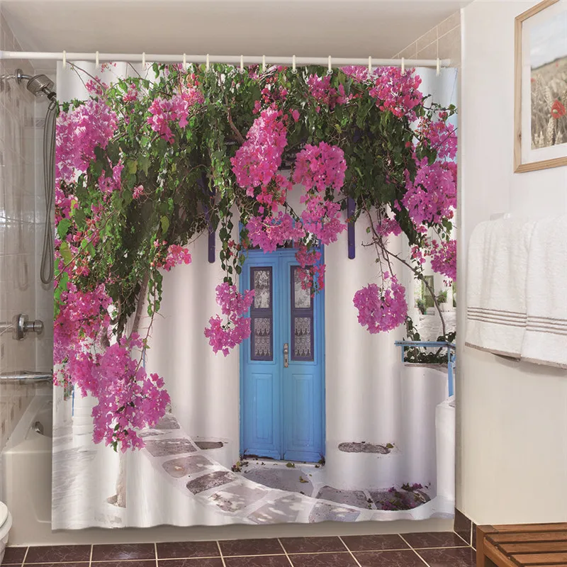 Pink Bougainvillea flower with leaves Shower Curtain Bathroom Fabric & 12hooks 