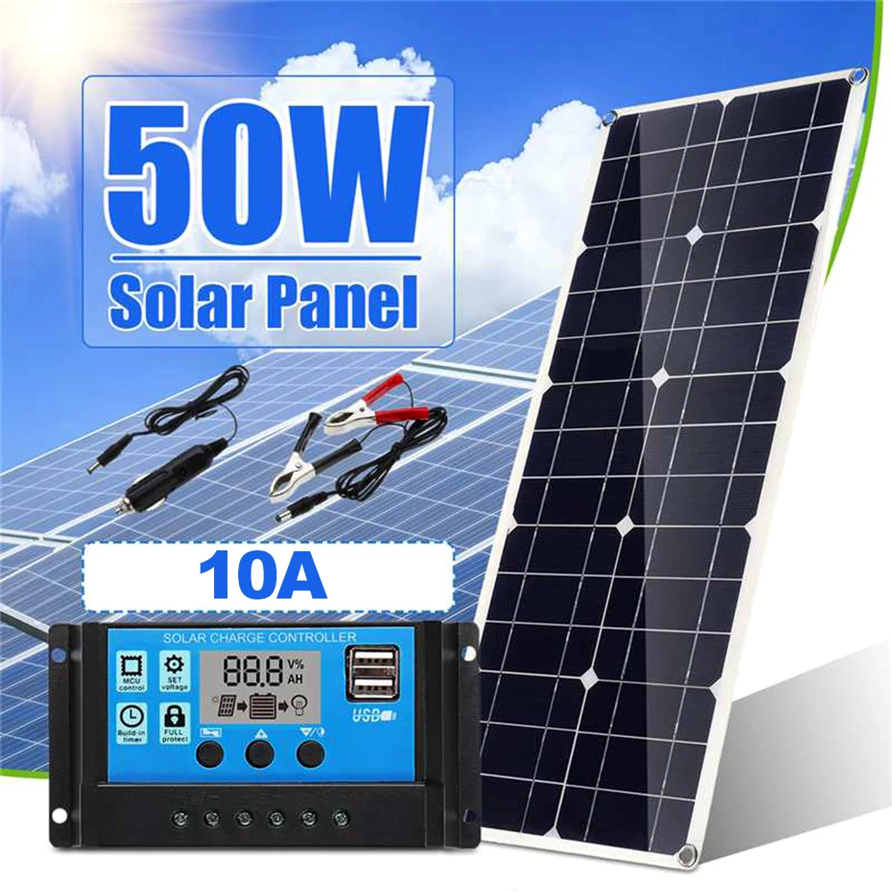 

50W 5V/18V Solar Panel Dual USB Output Monocrystalline Solar Panel IP65 Water-resistant + 10A Solar Charge Controller Regulator