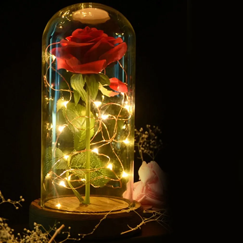 

Rose LED Night Lamp String Light in a Glass Dome Wooden Base Valentine's Day Gifts Room Decor Battery Power