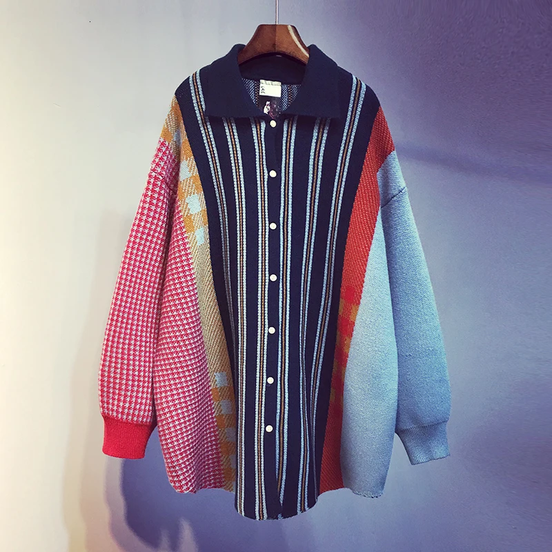 

[EWQ] 2020 Spring Autumn New Pattern Lapel Long Sleeve Hit Colors Striped Patchwork Single Breasted Knitting Sweater Women AK008