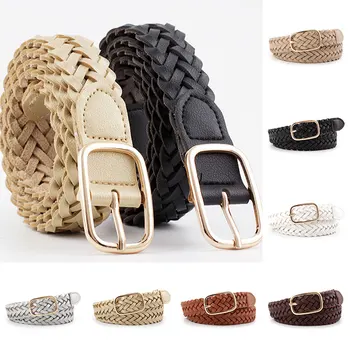 

Boho Handmade Solid Color Braided Square Gold Metal Buckle Belt Fashion Women Casual Pu Leather Waistband 110 cm Accessories