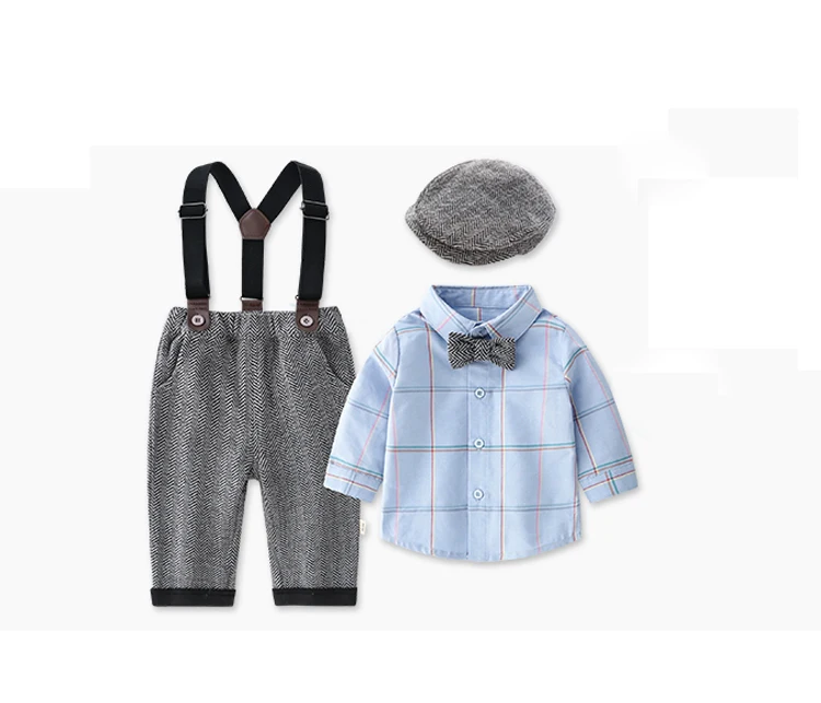 Комплекты одежды для маленьких мальчиков коллекция года, Одежда для новорожденных рубашки с длинными рукавами и галстуком+ шляпа+ штаны+ ремень, комплект одежды из 4 предметов, платье джентльмена