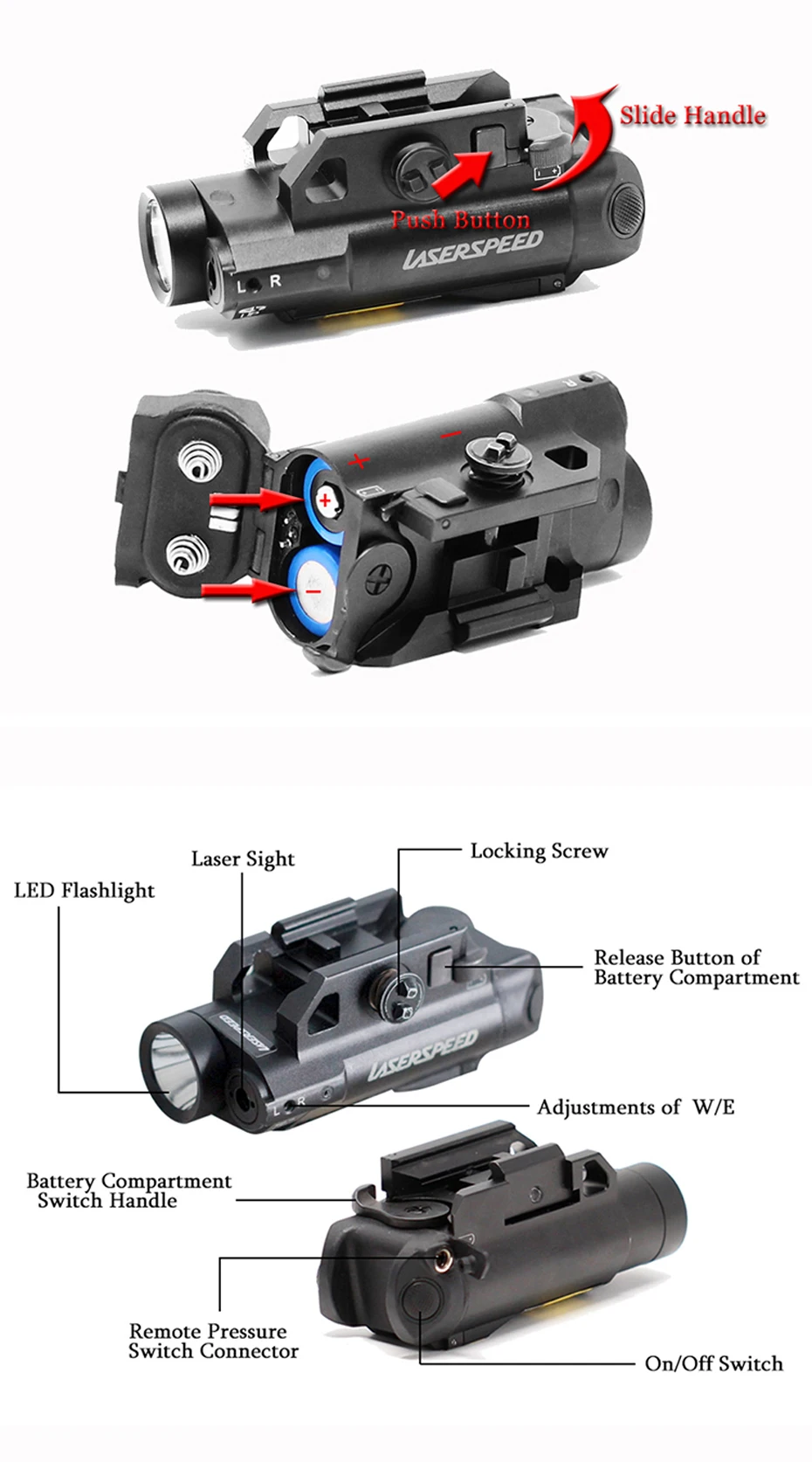 Лазерный прицел LASERSPEED, зеленый, красный, светодиодный, комбинированный, тактический, оружейный светильник+ лазерный прицел, Тактический лазерный фонарь для охоты