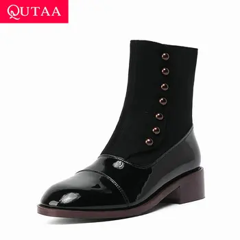 

QUTAA 2021 Autumn Winter Square Heel Ankle Boots Cow Leather Flock Zipper Ladies Shoes Round Toe Women Long Boots Size 34-39