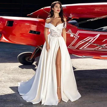 

Eightree Sexy Wedding Dresses Bridal Gowns Off the Shoulder Lace Applique High Slit Satin Wedding Dress 2021 Vestidos De Novia