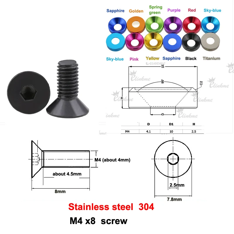 Stainless Steel Screws Screw Bolt Nut Set Hexagon Socket Head Cap Screw 10pcs/lot Stainless steel M4 x8mm Socket Head Cap Black screw with Colors Aluminum gasket