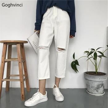 

Jeans Women Solid Simple Black Denim Trousers Plus Size High Waist Womens Korean Style Loose Hole Ankle-length Females Hot Sale