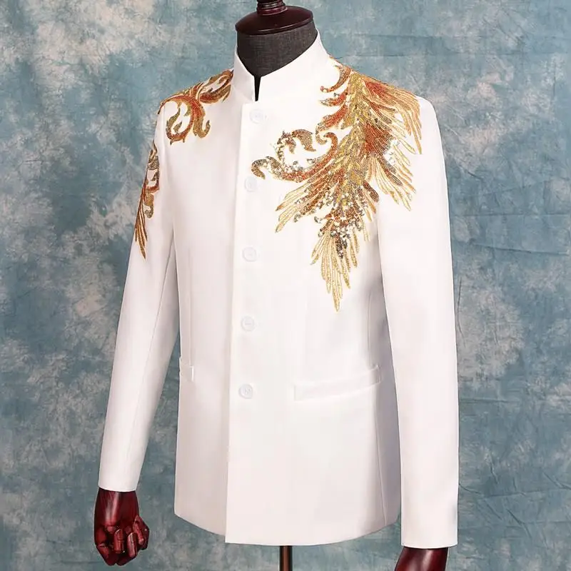 (Jacket+Pants) Chinese Style Men's Suits Sequins Embroidery Blazers Stand Collar Tuxedo Dress Singer Host Stage Costume 2 Pieces