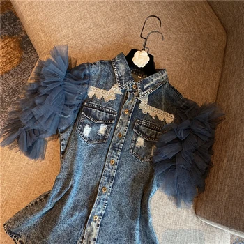 

Denim Jean Blouse Women Spring and Summer New Mesh Sleeve Short Sleeve Denim Shirt Female Ladies Tops Blusas Mujer 2020