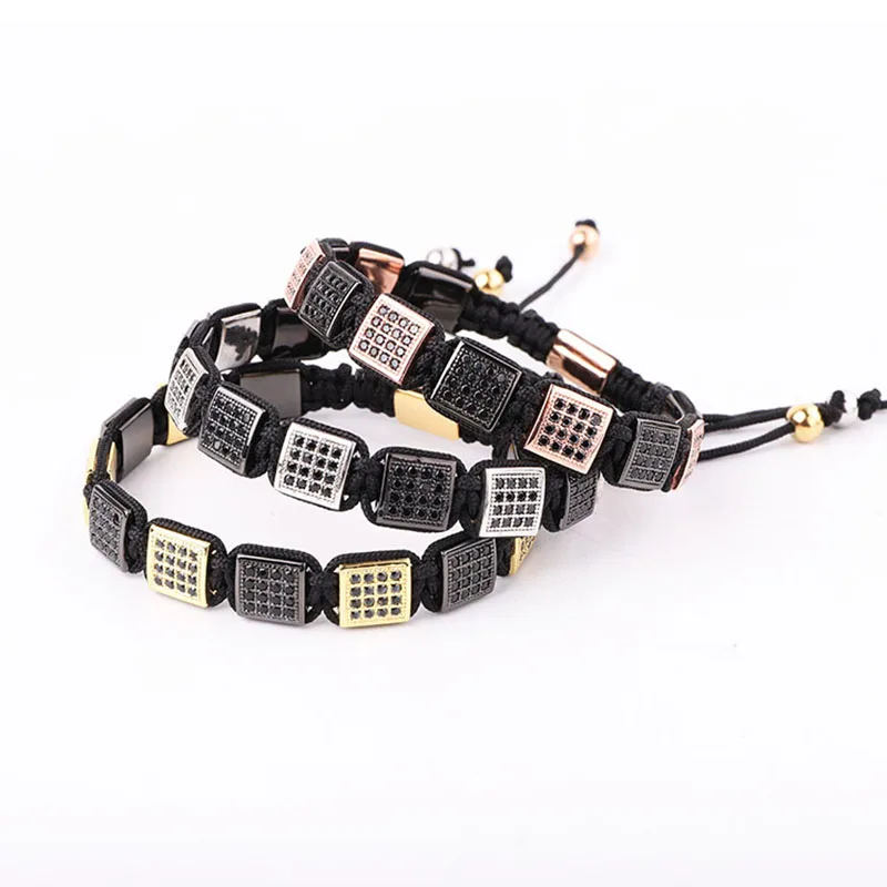 New Color Luxury CZ Micro Pave Square Handmade Woven Macrame Friendship Bracelet Men Jewelry Gift