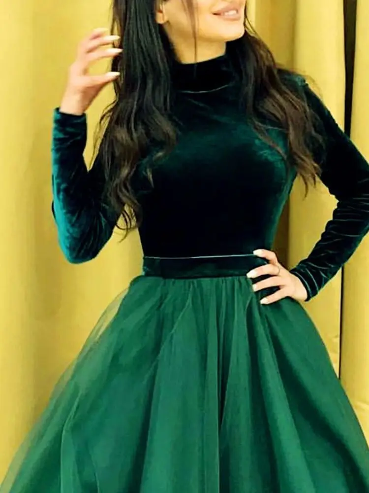 

Вечернее платье с высоким воротником и длинным рукавом, бархатный топ, а-силуэт, длинное официальное платье Дубая, Арабский Кафтан для выпус...