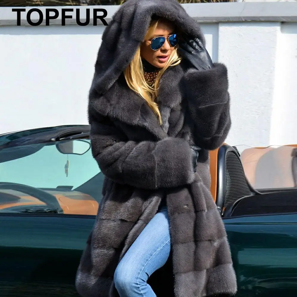 TOPFUR Модное темно-серое пальто с меховым капюшоном, натуральное меховое пальто для женщин, зимняя шуба из натуральной норки средней длины, стандартная одежда