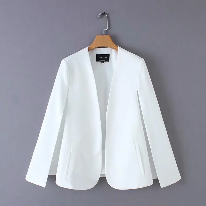 

Women elegant black white V neck coat pockets office wear solid outerwear female casual chic open cloak stitch tops