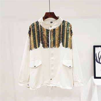 

Spring Autumn 2020 Women Stand collar Oversized Denim Jacket Loose Big Pocket Sequins White Jeans jacket Vetement femme Fashion