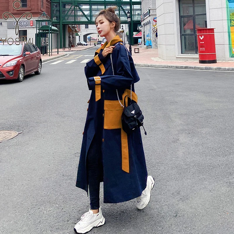 

YOSIMI Maxi Large Size Loose Windbreaker 2020 Autumn Winter Turn-down Collar Bat Sleeved Navy Patchwork Long Women Trench Coats