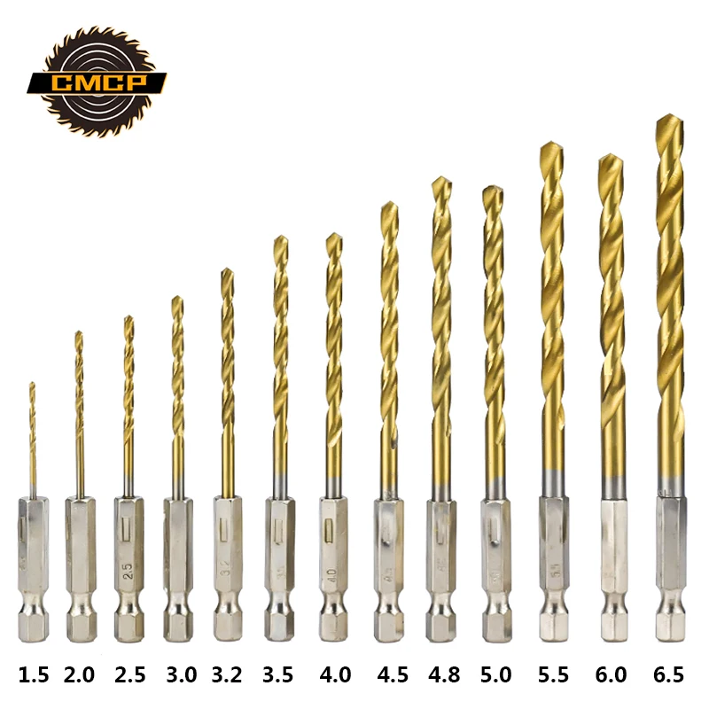 13pcs Titanium Coated HSS Drill Bit Set for Metal Power Tools Drill Accessories with 1/4
