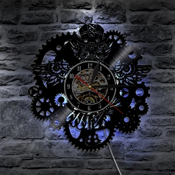 

Vinyl Record Wall Clock Modern Design 3D Decorative Steampunk Clock with 7 Different Color LED Change Gear Wall Watch Home Decor